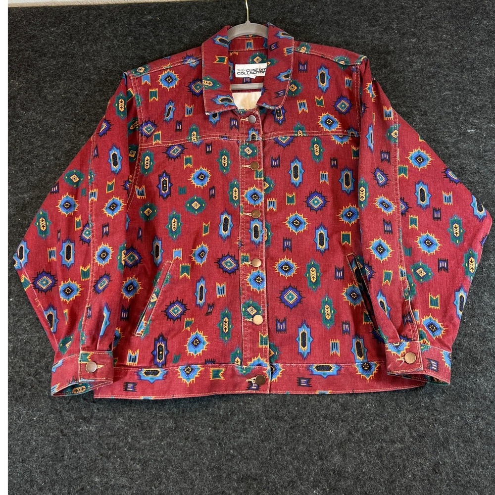 Vintage 90s Denim Red Southwestern Denim Jacket Women Large Navajo USA Triabl
